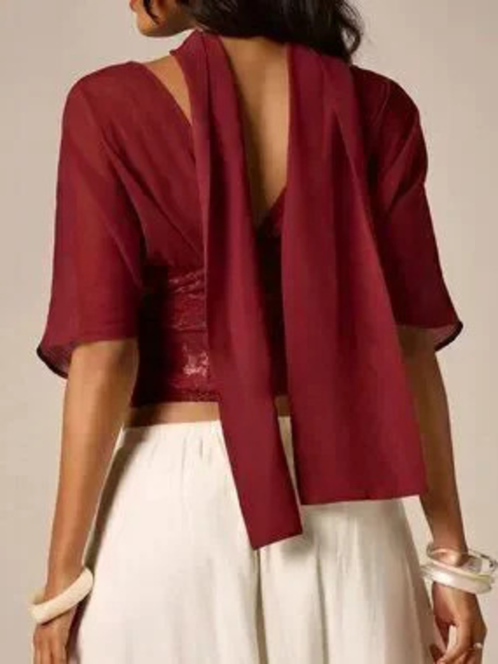 ZARA Burgundy Elegant Women's Lace Panel Crop Top